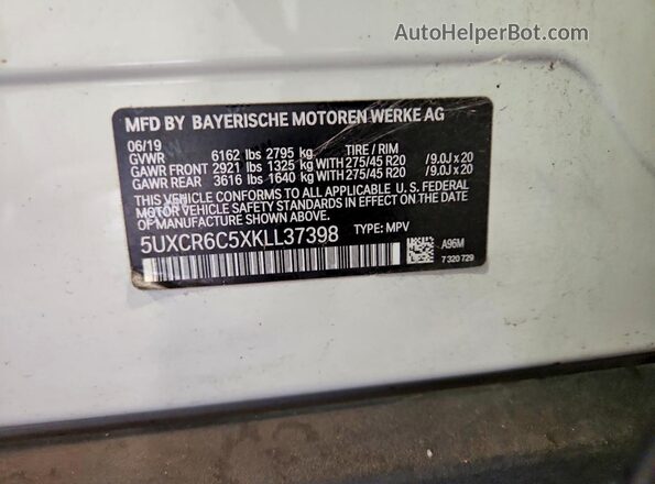 5UXCR6C5XKLL37398 2019 BMW X5 White Widok naklejki z numerem VIN