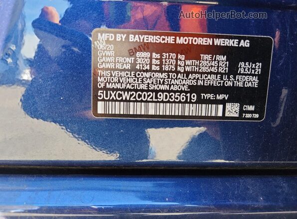 5UXCW2C02L9D35619 2020 BMW X7 Blue Widok naklejki z numerem VIN