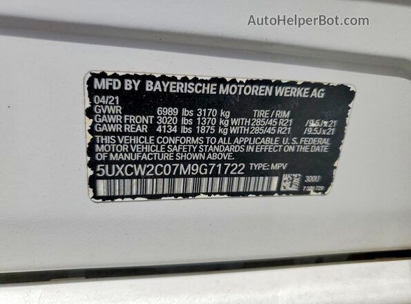 5UXCW2C07M9G71722 2021 BMW X7 Black VIN sticker view