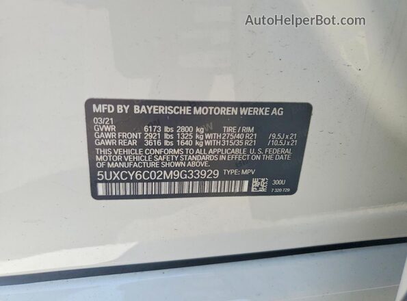 5UXCY6C02M9G33929 2021 BMW X6 White Вид наклейки з VIN-кодом