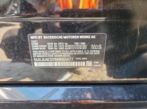 5UXJU4C07N9K65477 2022 BMW X5 Black Vista de la etiqueta del VIN