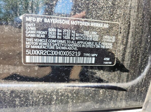 5UXKR2C3XH0X05219 2017 BMW X5 Black VIN sticker view