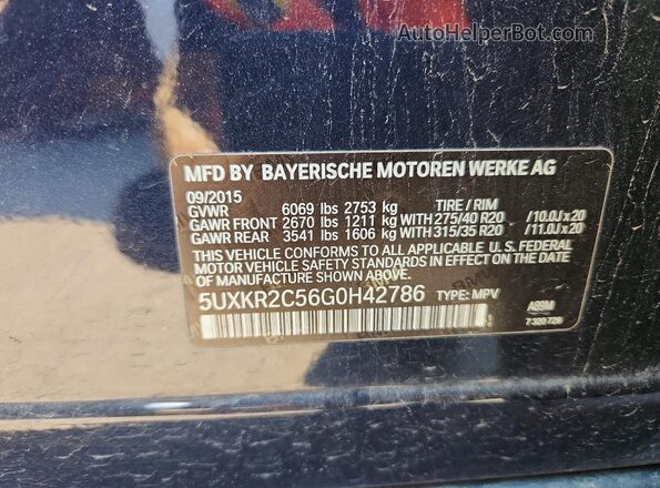 5UXKR2C56G0H42786 2016 BMW X5 Blue Vista de la etiqueta del VIN