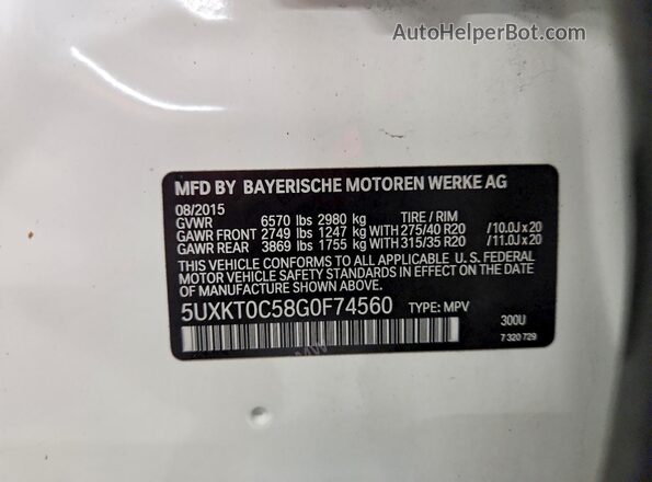 5UXKT0C58G0F74560 2016 BMW X5 White VIN კოდის სტიკერის ხედი