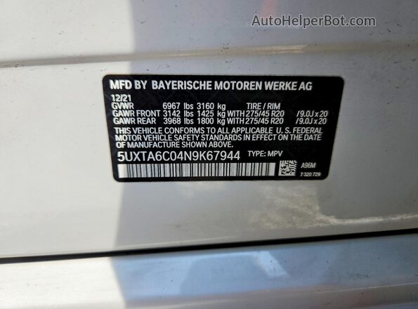 5UXTA6C04N9K67944 2022 BMW X5 White Շարժիչի բաժամունքի տեսք