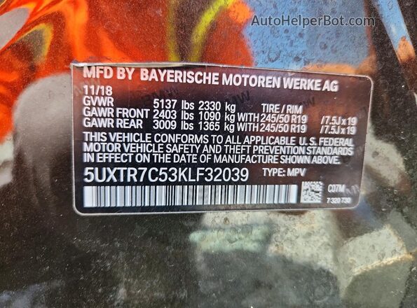 5UXTR7C53KLF32039 2019 BMW X3 Brown VIN sticker view