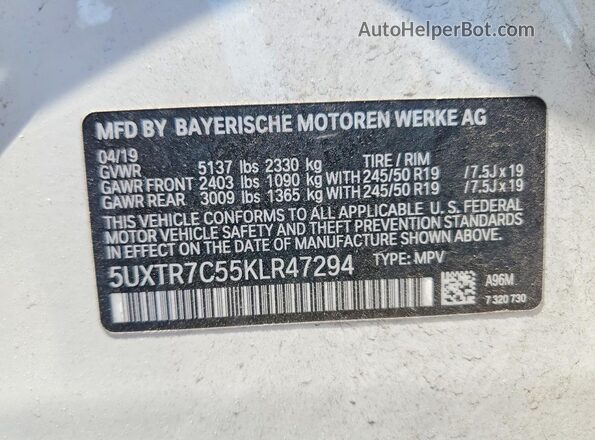 5UXTR7C55KLR47294 2019 BMW X3 Белый Панорамный вид салона 360°