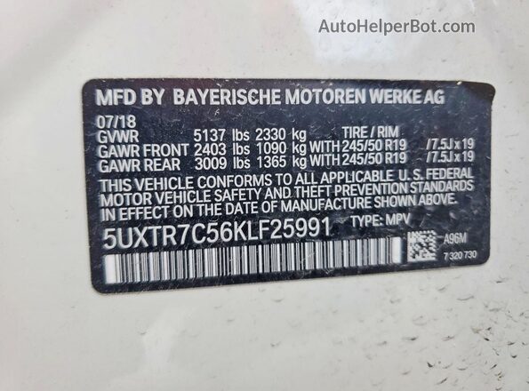 5UXTR7C56KLF25991 2019 BMW X3 White VIN კოდის სტიკერის ხედი
