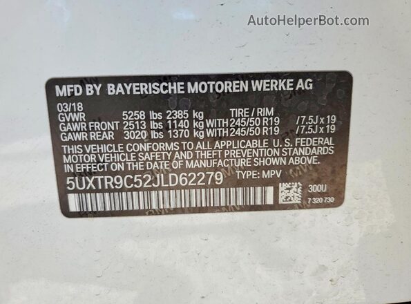5UXTR9C52JLD62279 2018 BMW X3 White Vista de la etiqueta del VIN