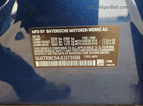 5UXTR9C54JLD73588 2018 BMW X3 Blue VIN კოდის სტიკერის ხედი