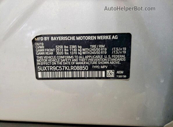 5UXTR9C57KLR08850 2019 BMW X3 Silver VIN კოდის სტიკერის ხედი