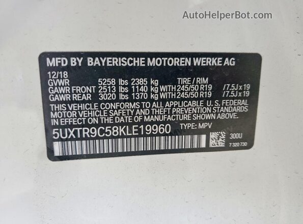 5UXTR9C58KLE19960 2019 BMW X3 White Widok naklejki z numerem VIN