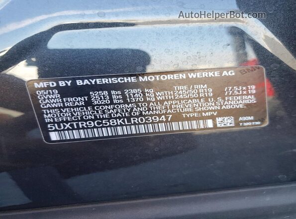 5UXTR9C58KLR03947 2019 BMW X3 Charcoal Widok naklejki z numerem VIN