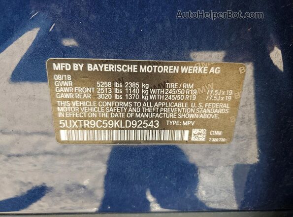 5UXTR9C59KLD92543 2019 BMW X3 Blue Vista de la etiqueta del VIN