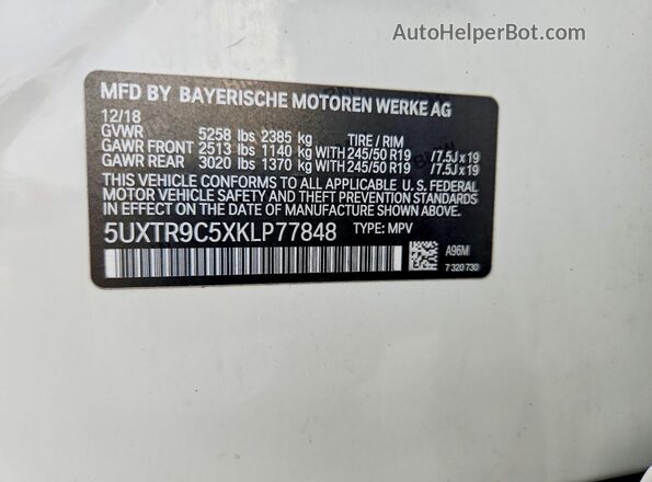 5UXTR9C5XKLP77848 2019 BMW X3 White VIN կոդի պիտակի տեսք
