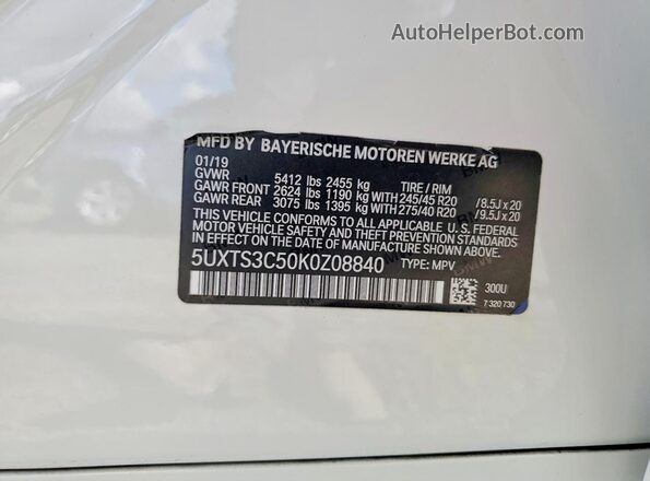 5UXTS3C50K0Z08840 2019 BMW X3 White VIN կոդի պիտակի տեսք