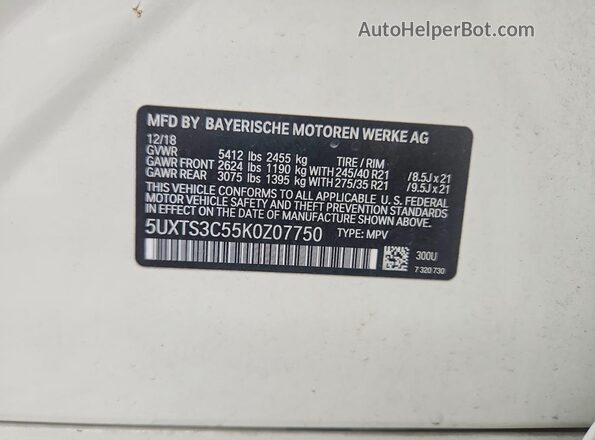 5UXTS3C55K0Z07750 2019 BMW X3 White Vista de la etiqueta del VIN