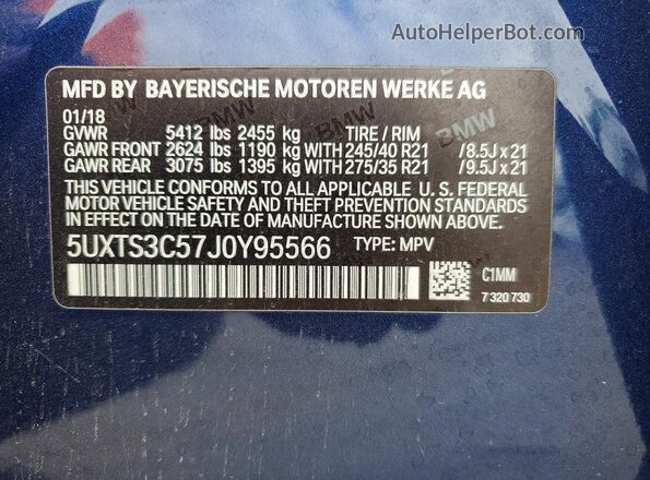 5UXTS3C57J0Y95566 2018 BMW X3 Blue Widok wnętrza 360 stopni