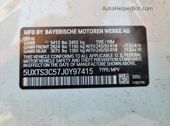 5UXTS3C57J0Y97415 2018 BMW X3 White VIN կոդի պիտակի տեսք