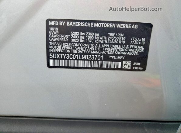 5UXTY3C01L9B23701 2020 BMW X3 Серебряный Панорамный вид салона 360°
