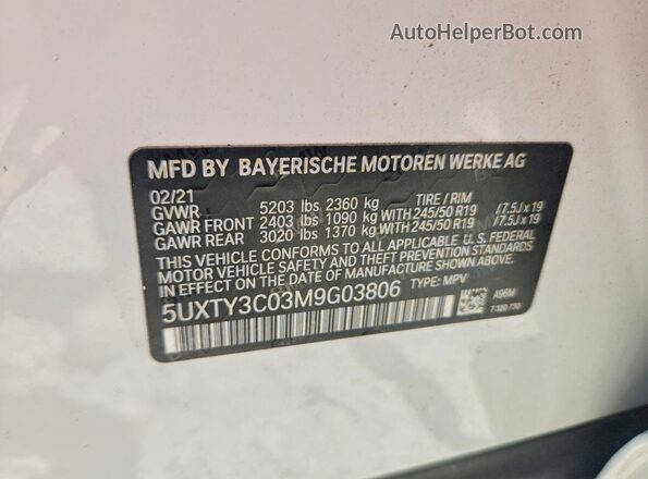 5UXTY3C03M9G03806 2021 BMW X3 White Вид підкапотного простору