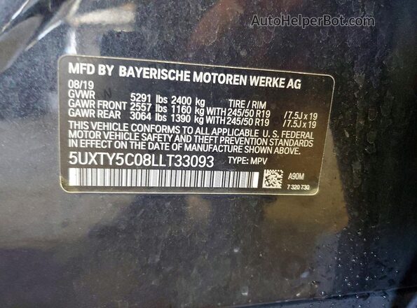 5UXTY5C08LLT33093 2020 BMW X3 Gray VIN კოდის სტიკერის ხედი
