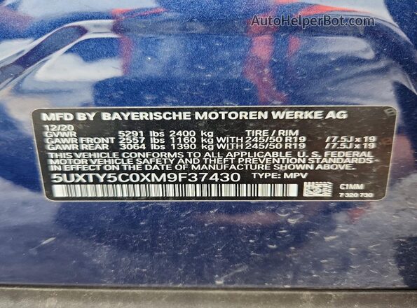 5UXTY5C0XM9F37430 2021 BMW X3 Blue Սալոնի 360 աստիճան տեսք