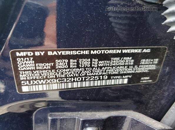 5UXWX9C32H0T22519 2017 BMW X3 Blue Vista de la etiqueta del VIN