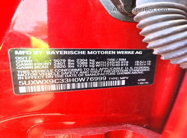5UXWX9C33H0W76999 2017 BMW X3 Red Widok naklejki z numerem VIN