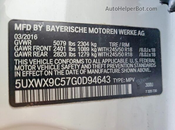 5UXWX9C57G0D94643 2016 BMW X3 White Vista interior de 360 grados