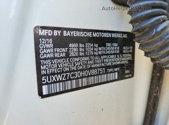5UXWZ7C30H0V88751 2017 BMW X3 White Widok naklejki z numerem VIN