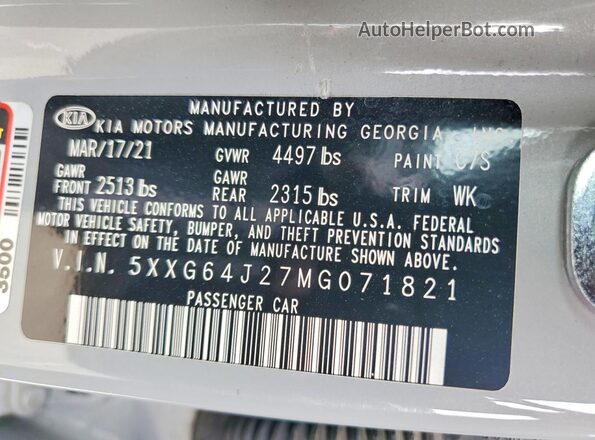5XXG64J27MG071821 2021 KIA K5 Blue VIN կոդի պիտակի տեսք