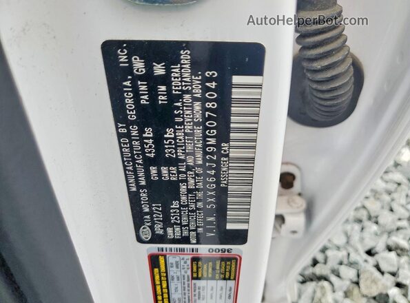 5XXG64J29MG078043 2021 KIA K5 White VIN კოდის სტიკერის ხედი