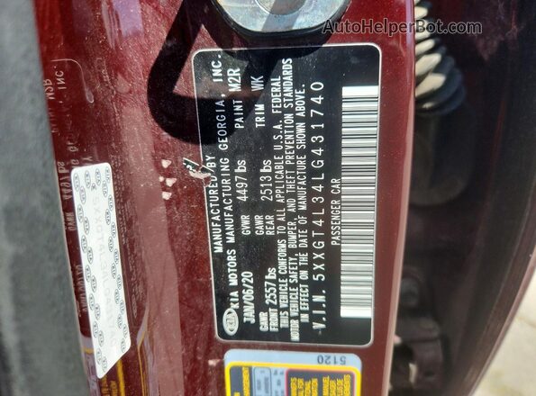 5XXGT4L34LG431740 2020 KIA OPTIMA Burgundy Engine compartment view
