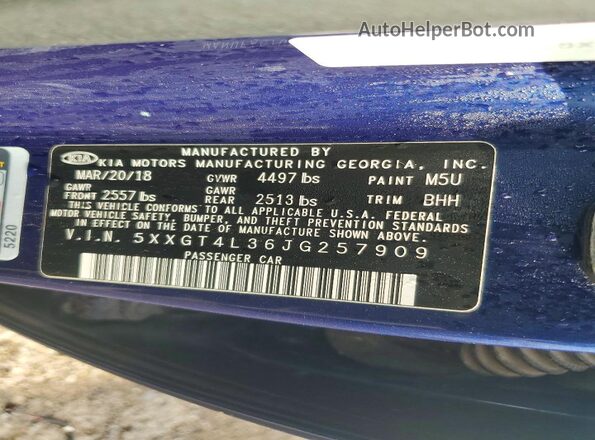 5XXGT4L36JG257909 2018 KIA OPTIMA Blue ძრავის განყოფილების ხედი