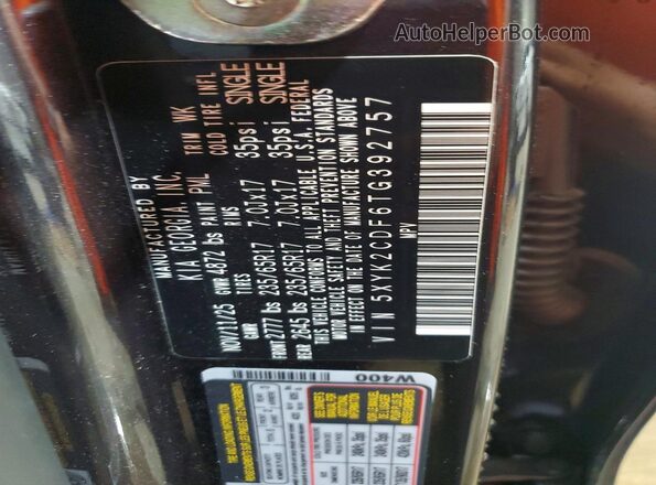 5XYK2CDF6TG392757 2026 KIA SPORTAGE Black Vista de la etiqueta del VIN