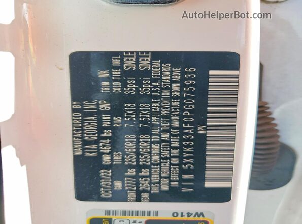 5XYK33AF0PG075936 2023 KIA SPORTAGE White VIN კოდის სტიკერის ხედი