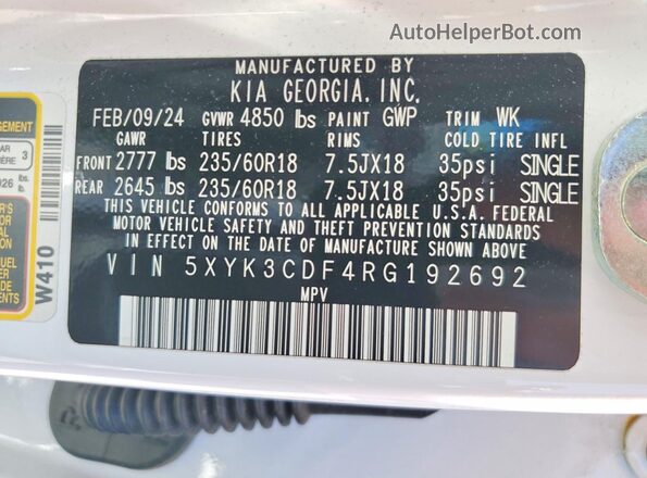 5XYK3CDF4RG192692 2024 KIA SPORTAGE White VIN sticker view