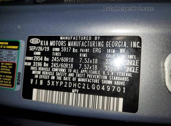 5XYP2DHC2LG049701 2020 KIA TELLURIDE Gray VIN sticker view