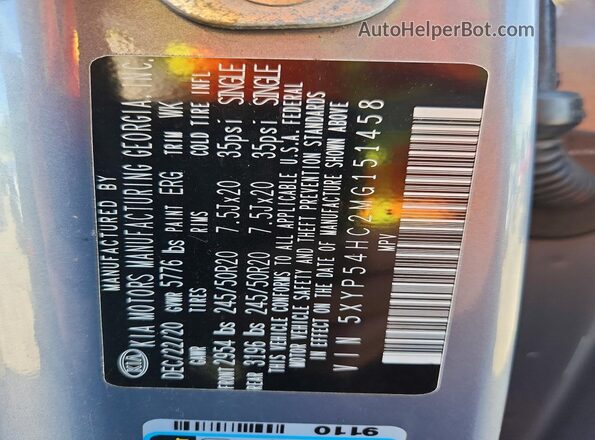 5XYP54HC2MG151458 2021 KIA TELLURIDE Silver VIN კოდის სტიკერის ხედი