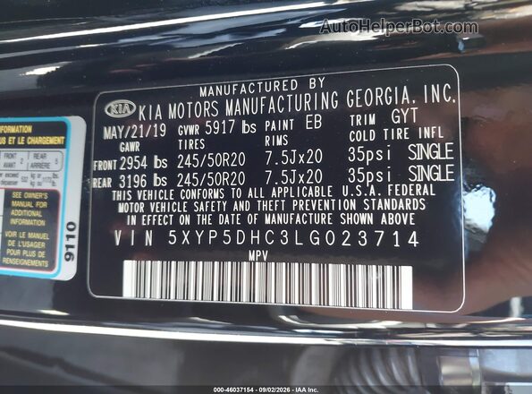 5XYP5DHC3LG023714 2020 KIA TELLURIDE Black ძრავის განყოფილების ხედი