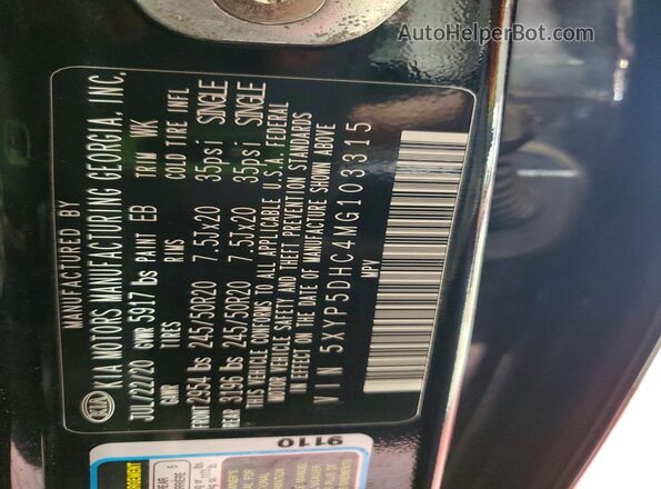 5XYP5DHC4MG103315 2021 KIA TELLURIDE Black VIN կոդի պիտակի տեսք