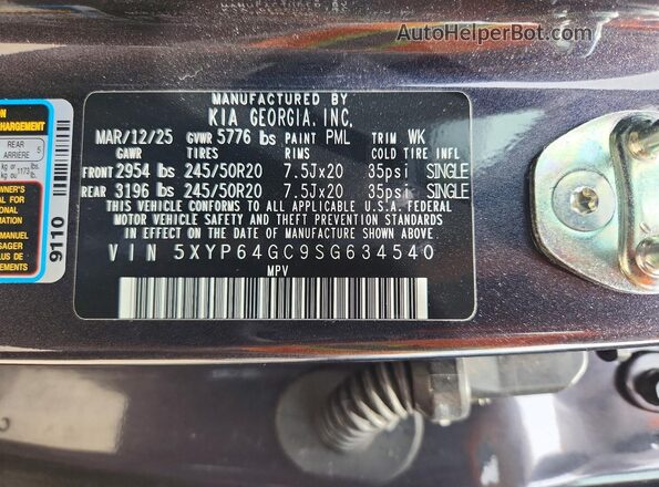 5XYP64GC9SG634540 2025 KIA TELLURIDE Gray VIN კოდის სტიკერის ხედი