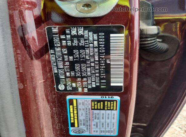 5XYP64HC4LG048800 2020 KIA TELLURIDE Burgundy VIN კოდის სტიკერის ხედი