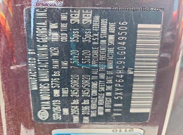 5XYP64HC9LG049506 2020 KIA TELLURIDE Maroon VIN sticker view