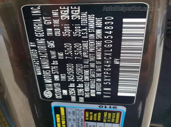 5XYP64HCXLG054830 2020 KIA TELLURIDE Black VIN sticker view