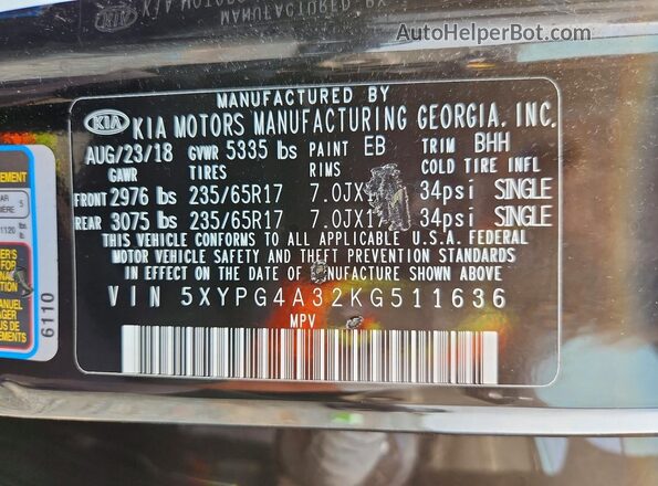 5XYPG4A32KG511636 2019 KIA SORENTO Black Widok naklejki z numerem VIN