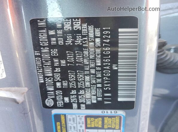 5XYPGDA36LG674291 2020 KIA SORENTO Blue Engine compartment view