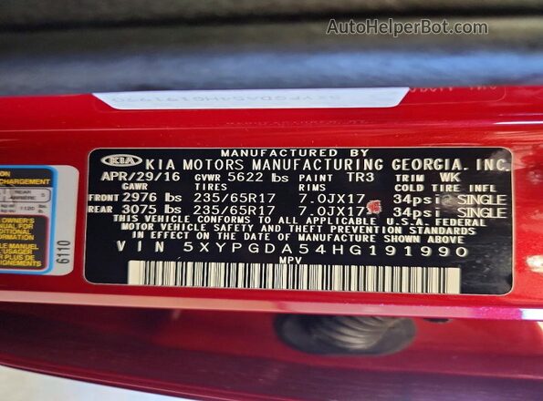 5XYPGDA54HG191990 2017 KIA SORENTO Red VIN კოდის სტიკერის ხედი