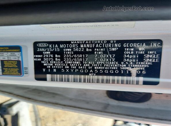 5XYPGDA55GG011706 2016 KIA SORENTO White VIN sticker view